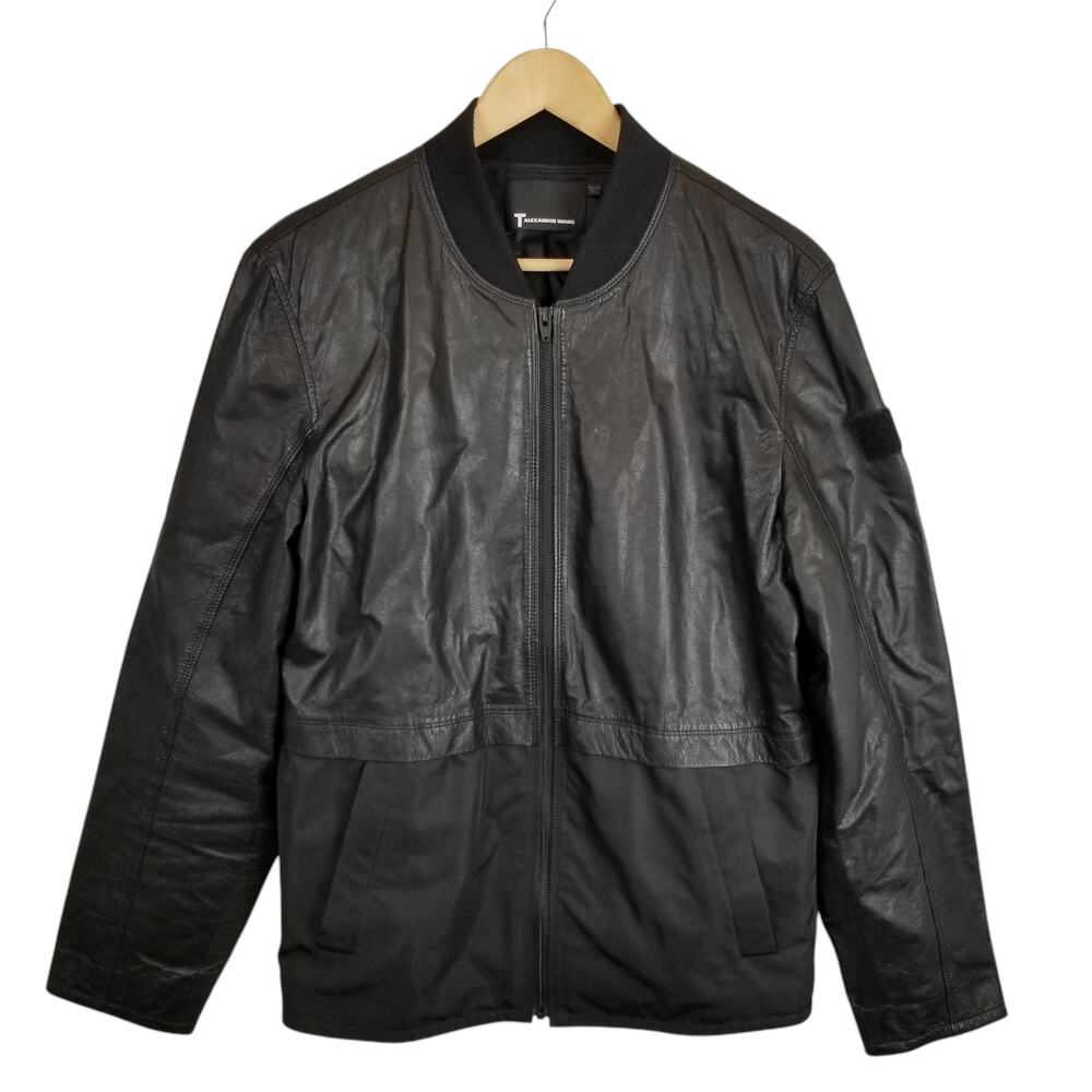 T by Alexander Wang Men's Lambskin Leather Polyester Bomber Jacket Black Medium